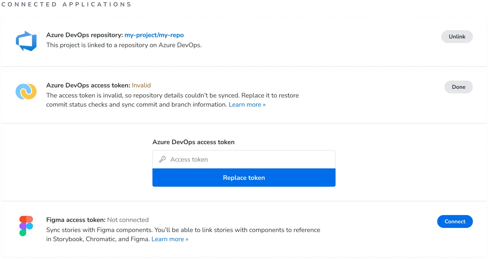 The Connected applications section with an invalid Azure DevOps access token, and the replace token form open with an access token field and a Replace token button
